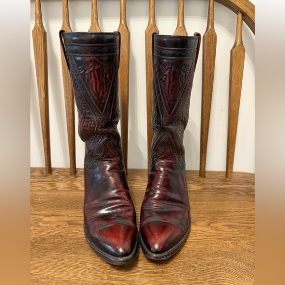 Vintage Lucchese San Antonio Black Cherry Leather Cowboy Boots - 8.5 B